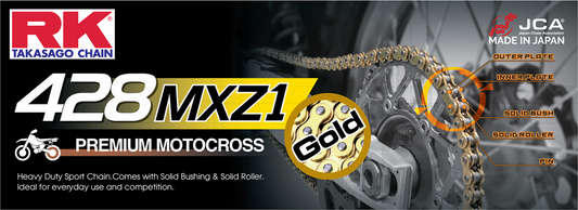 RK 428 MXZ1 Mini Racing Drive Chain with 126 links in gold, designed for high-performance motorcycles.