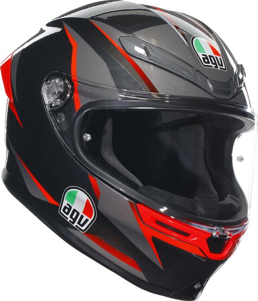 AGV K6 S helmet in black, gray, and red with slashcut design, small size, showing aerodynamic shape and matte finish.
