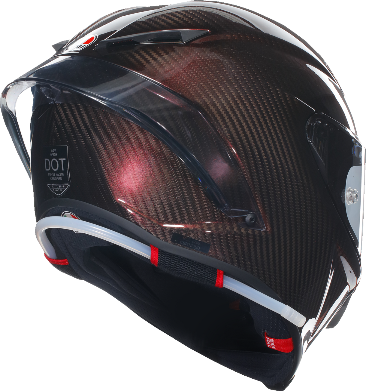 AGV Pista GP RR motorcycle helmet in red carbon with large size, featuring aerodynamic design and secure chin strap.