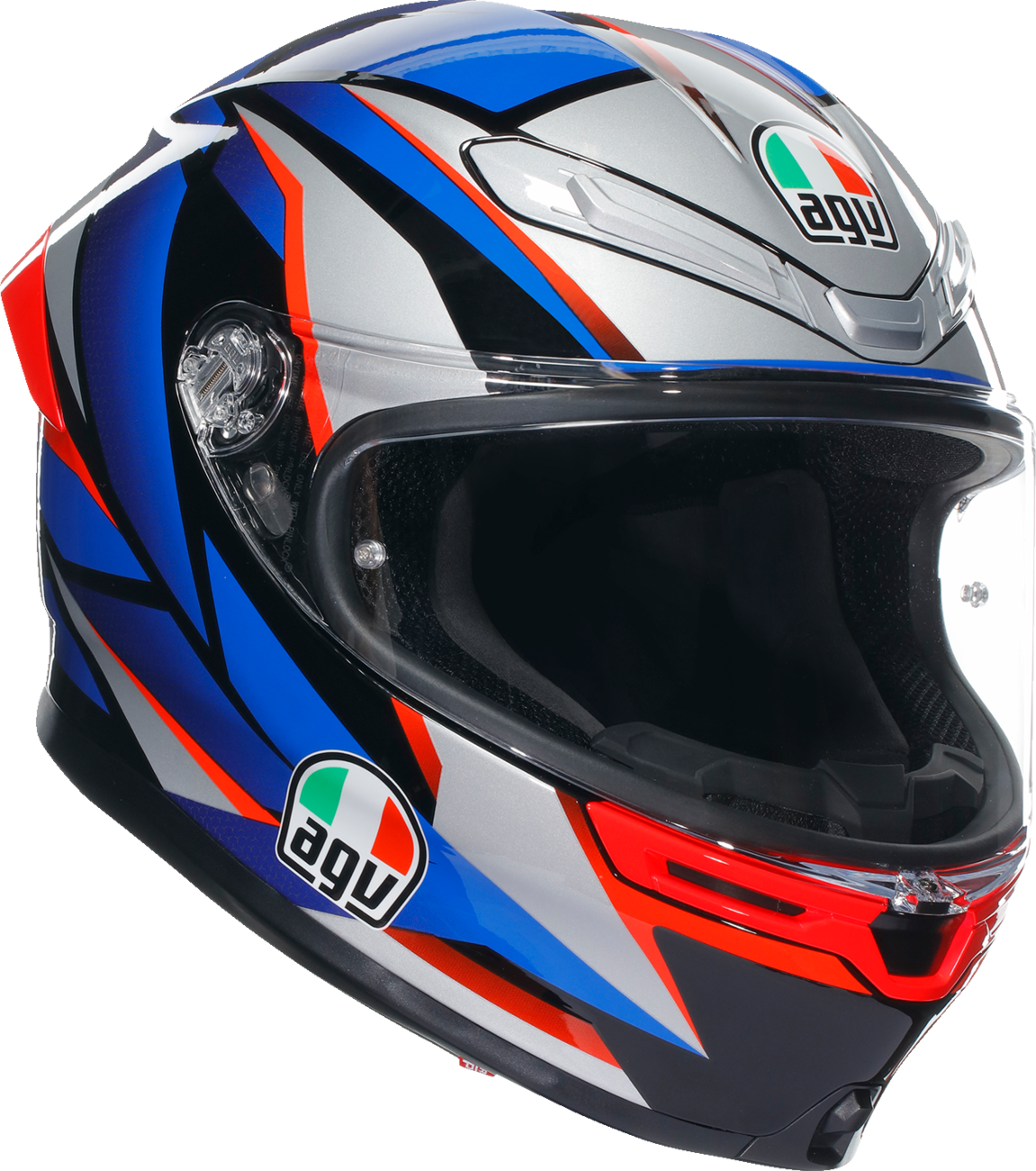 AGV K6 S helmet in black, blue, and red with advanced ventilation, safety features, and a sleek slashcut design, size XL