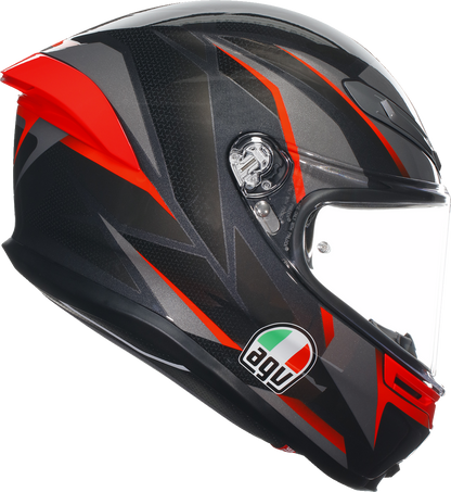 AGV K6 S motorcycle helmet in black, gray, and red with carbon-aramid shell and advanced ventilation system.