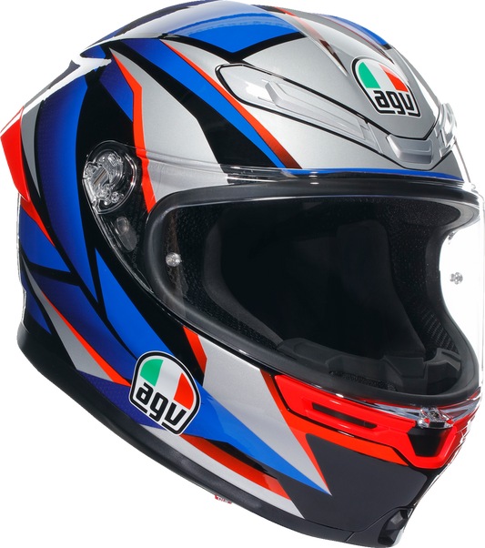 AGV K6 S helmet in black, blue, and red with advanced ventilation and safety features, shown from a side view.