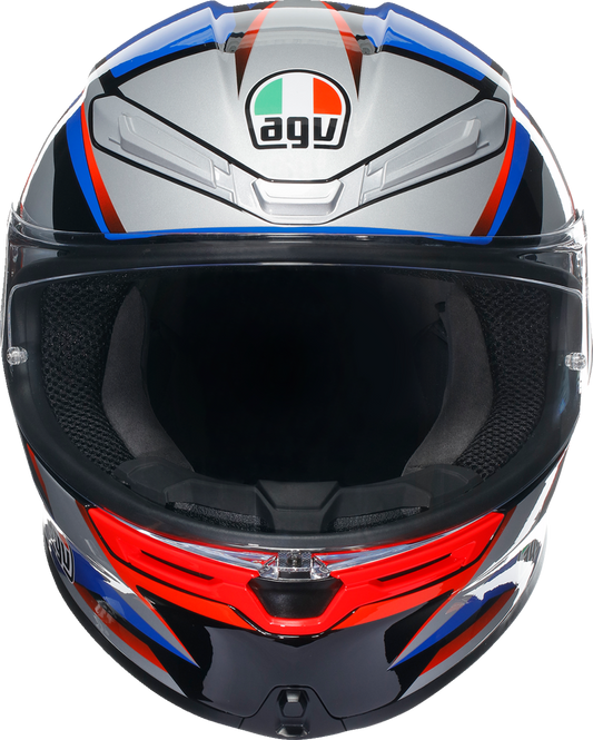 AGV K6 S helmet in black, blue, and red with slashcut design, small size, shown from a side view.