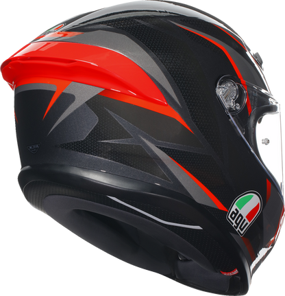 AGV K6 S motorcycle helmet in black, gray, and red with carbon-aramid shell and advanced ventilation system.