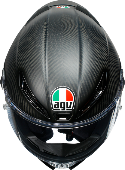 AGV Pista GP RR matte carbon motorcycle helmet with advanced safety features, shown with detailed matte black finish.