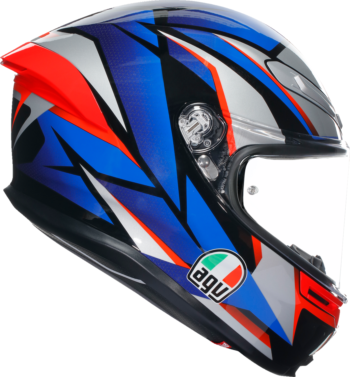 AGV K6 S helmet in black, blue, and red with advanced ventilation and safety features, shown from the front.