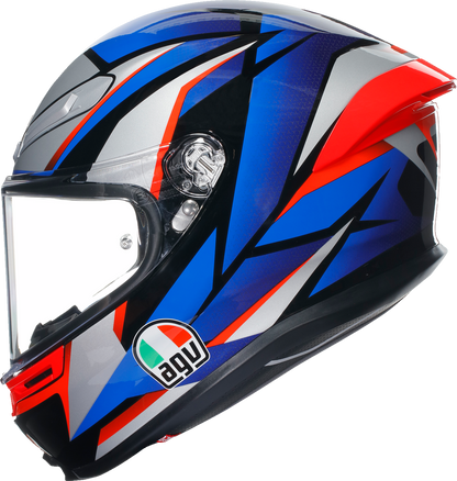 AGV K6 S helmet in black, blue, and red with advanced ventilation and safety features, shown from a side view.