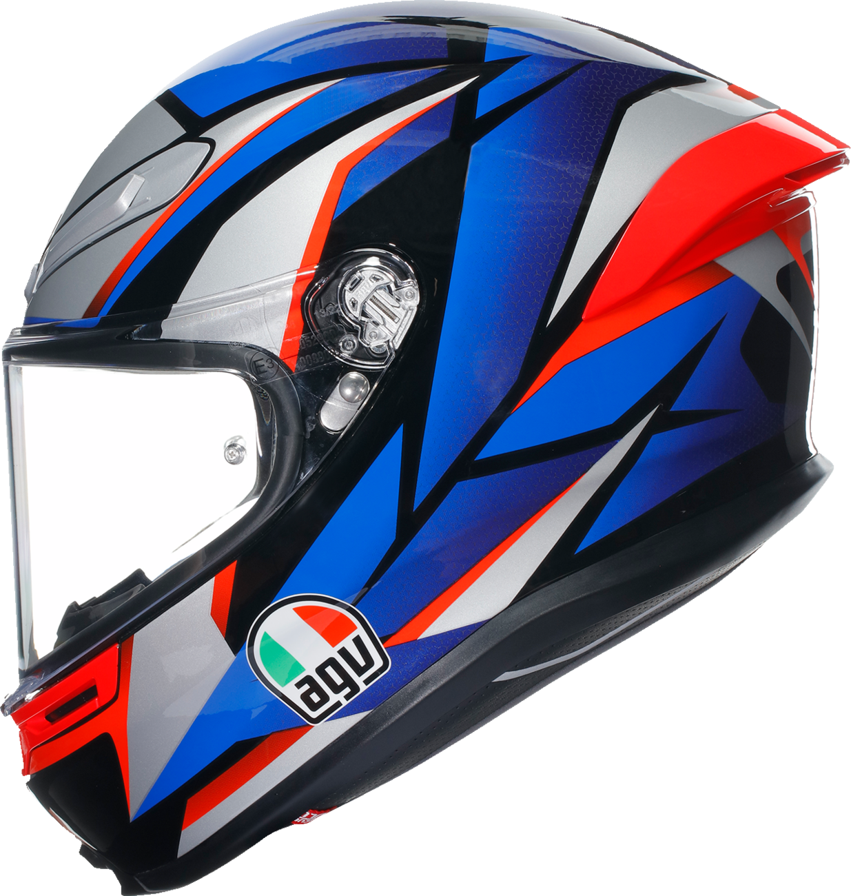 AGV K6 S motorcycle helmet in black, blue, and red with slashcut design, small size, side view showing sleek aerodynamic shape.