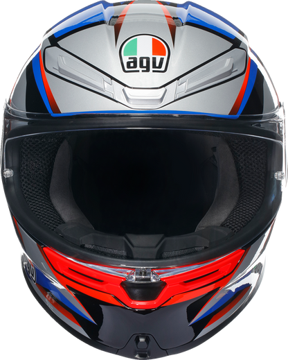 AGV K6 S helmet in black, blue, and red with advanced ventilation and safety features, shown from the front angle.