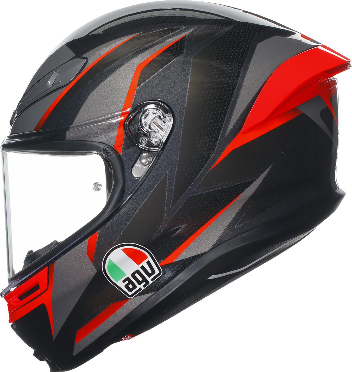 AGV K6 S Slashcut motorcycle helmet with carbon-aramid shell in black, gray, and red, size 2XL, front view.