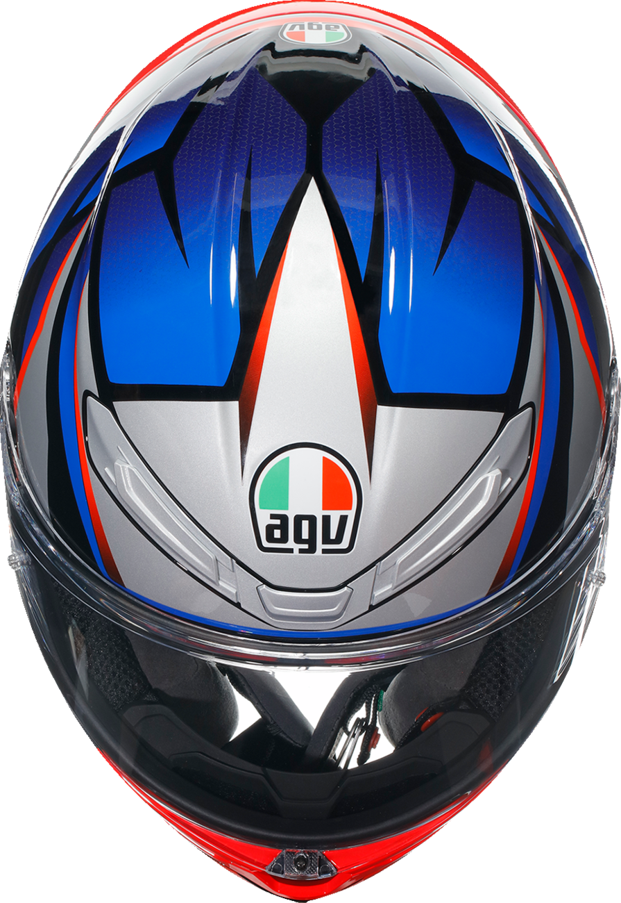 AGV K6 S helmet in black, blue, and red with advanced ventilation and safety features, shown in a close-up view.