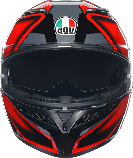 AGV K3 motorcycle helmet in compound black and red, large size, showing the sleek aerodynamic design and ventilation features.