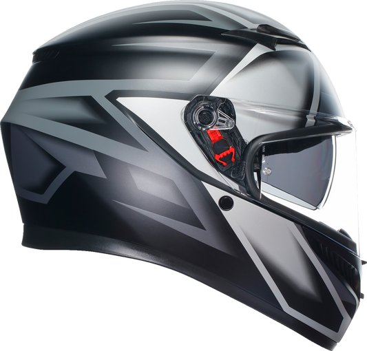 AGV K3 helmet in matte black and gray, large size, showing a sleek, aerodynamic motorcycle helmet with vent details.