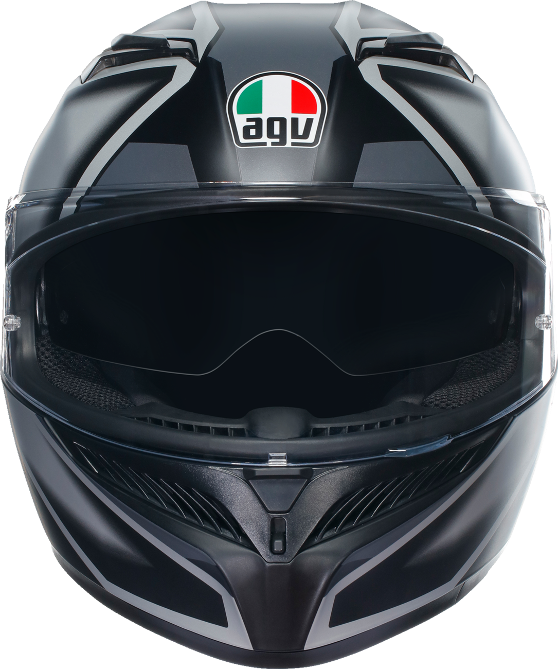 AGV K3 motorcycle helmet in compound matte black and gray, XL size, showcasing aerodynamic design and safety features