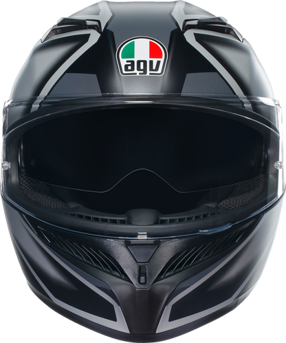 AGV K3 helmet in matte black and gray, large size, with sleek aerodynamic design and ventilation features.