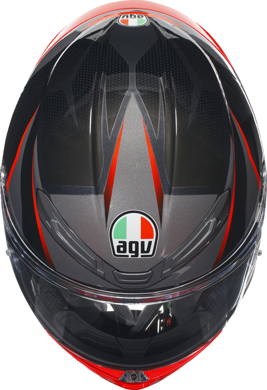 AGV K6 S Slashcut motorcycle helmet with carbon-aramid shell in black, gray, and red, size 2XL, displayed from front angle.