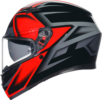 AGV K3 motorcycle helmet in compound black and red, large size, with sleek aerodynamic design and ventilation features.