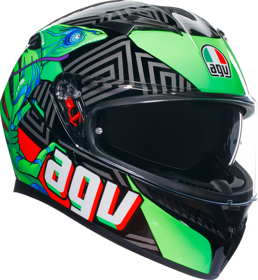 AGV K3 helmet in large size, black, red, and green with Max Vision Pinlock® lens, showcasing the sleek motorcycle helmet design.