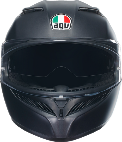 AGV K3 Matte Black XL full-face motorcycle helmet with built-in sun visor and Pinlock lens, featuring aerodynamic design and ventilation