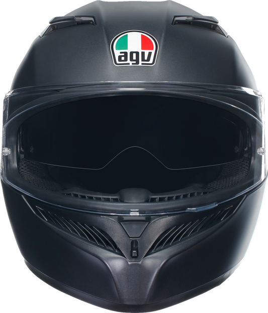 AGV K3 Matte Black XL full-face motorcycle helmet with built-in sun visor and Pinlock lens, featuring aerodynamic design and ventilation