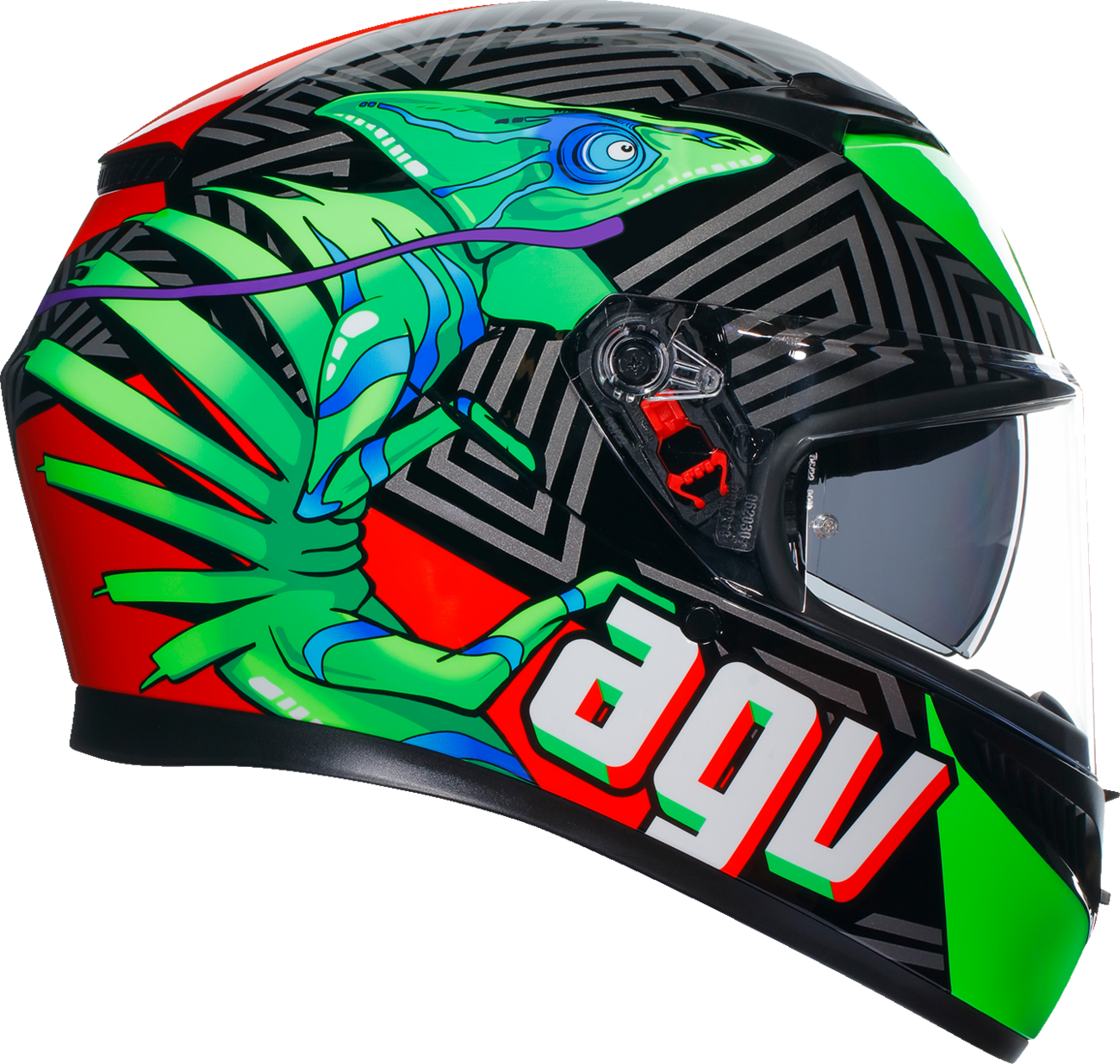 AGV K3 helmet in Kamaleon black, red, and green with vent openings and sleek design, medium size for motorcycle riding.