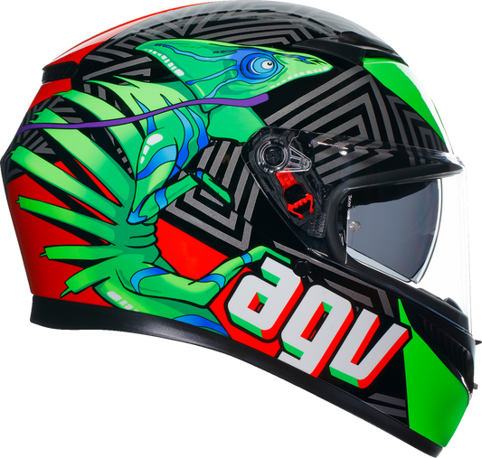 AGV K3 helmet in Kamaleon black, red, and green with vent openings and sleek design, medium size for motorcycle riding.