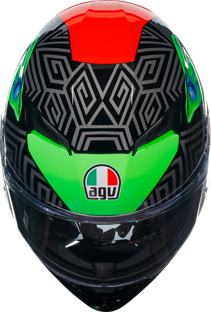 AGV K3 helmet in small size featuring black, red, and green colors with Max Vision Pinlock® visor, shown from front angle.