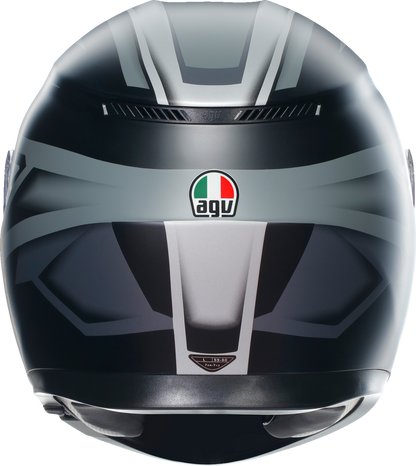 AGV K3 helmet in matte black and gray, large size, showing front view with secure chin strap and ventilation details.