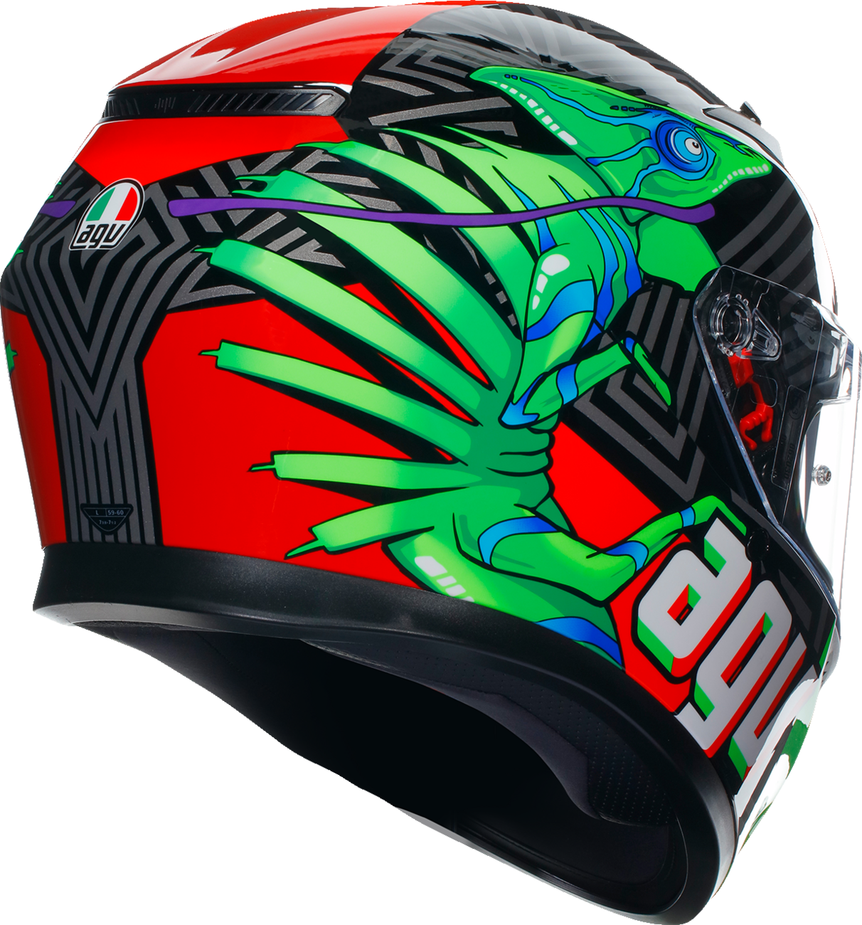 AGV K3 helmet in Kamaleon black, red, and green with a sleek design, medium size, featuring aerodynamic vents and visor.