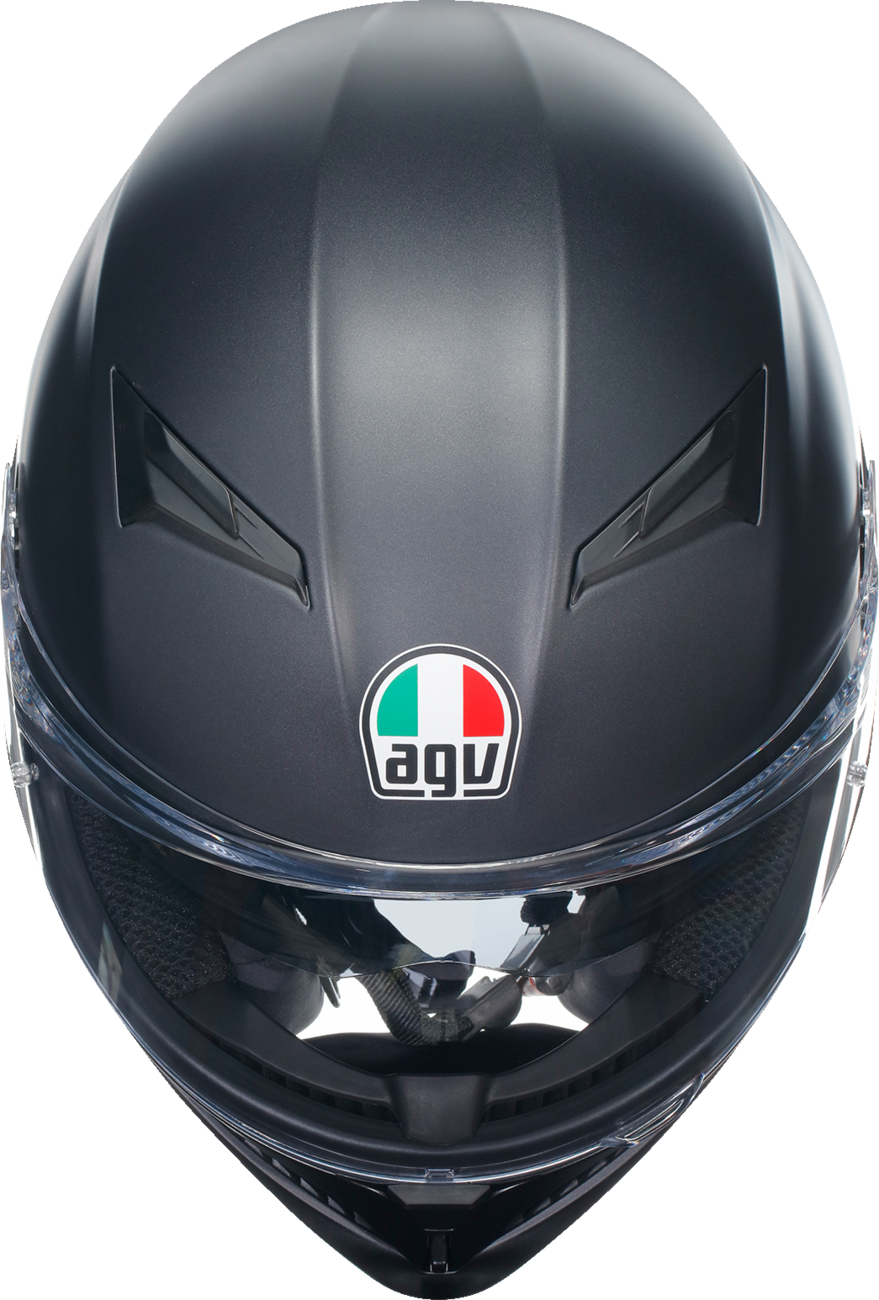 AGV K3 matte black full-face motorcycle helmet with built-in sun visor and Pinlock lens, XL size, showcasing sleek design.
