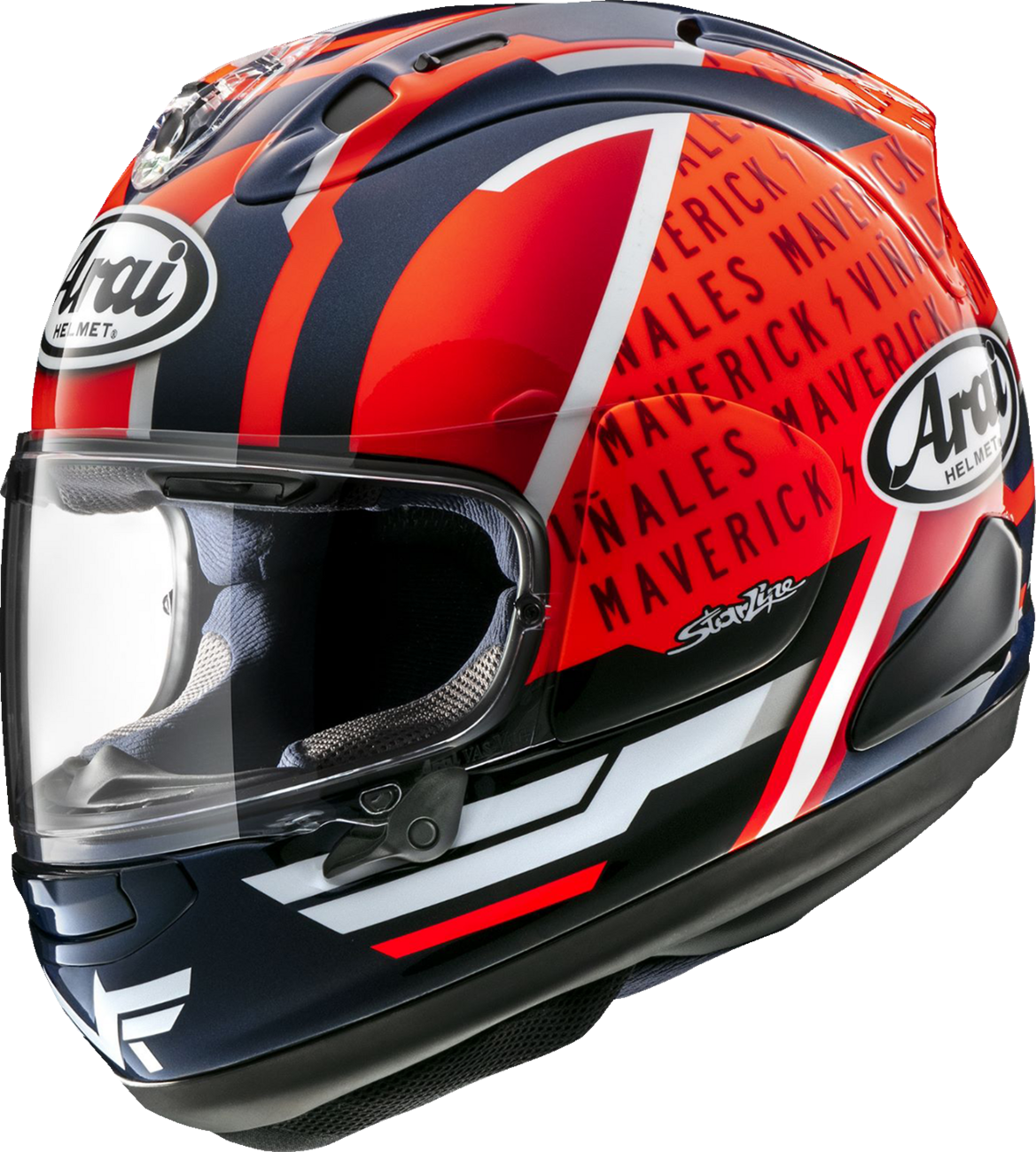 Arai Corsair-X Vinales motorcycle helmet in small size with sleek design and detailed graphics, front view.