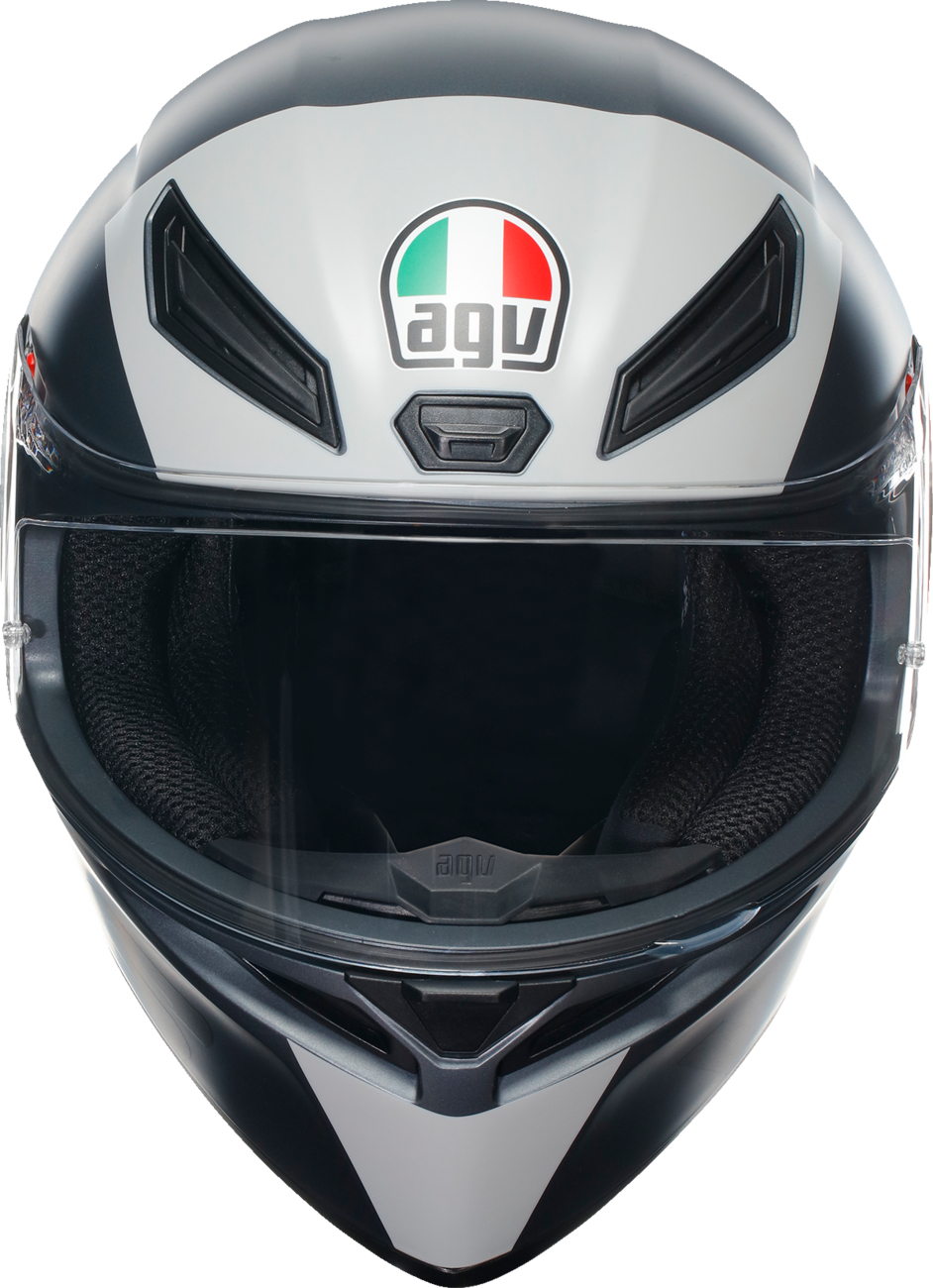 AGV K1 S helmet in size large, black with red accents, featuring aerodynamic design and ventilation vents for motorcycle riding.
