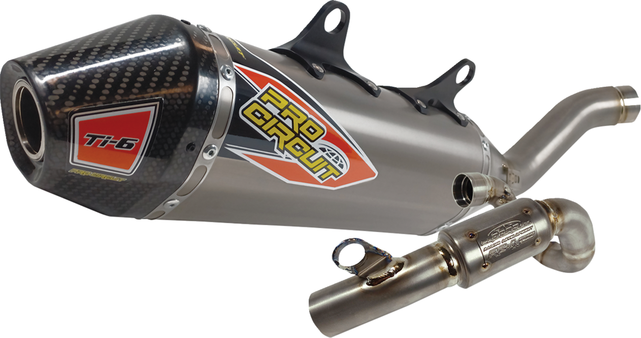 Pro Circuit TI-6 exhaust system for off-road and closed-course racing, featuring sleek titanium design and high-performance construction.