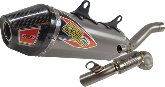 Pro Circuit TI-6 exhaust system for off-road and closed-course racing, featuring sleek titanium design and high-performance construction.