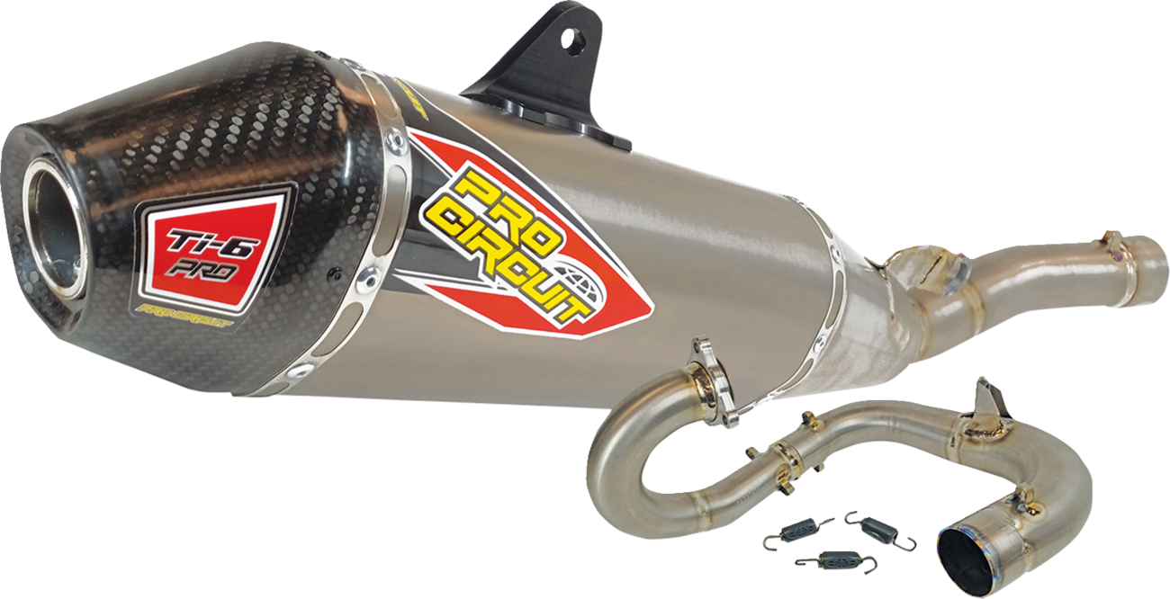Pro Circuit TI-6 Pro exhaust system for closed course racing, showcasing the high-performance motorcycle exhaust with metallic finish.