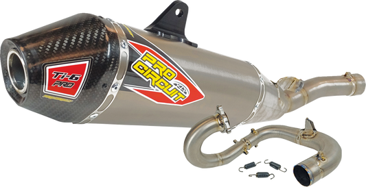Pro Circuit TI-6 Pro exhaust system for closed course racing, showcasing the high-performance motorcycle exhaust with metallic finish.