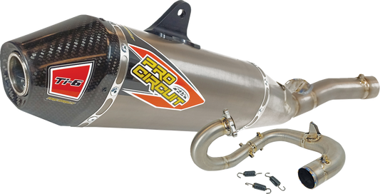 Pro Circuit TI-6 exhaust system for off-road and racing bikes, showing the sleek titanium design and mounting details.