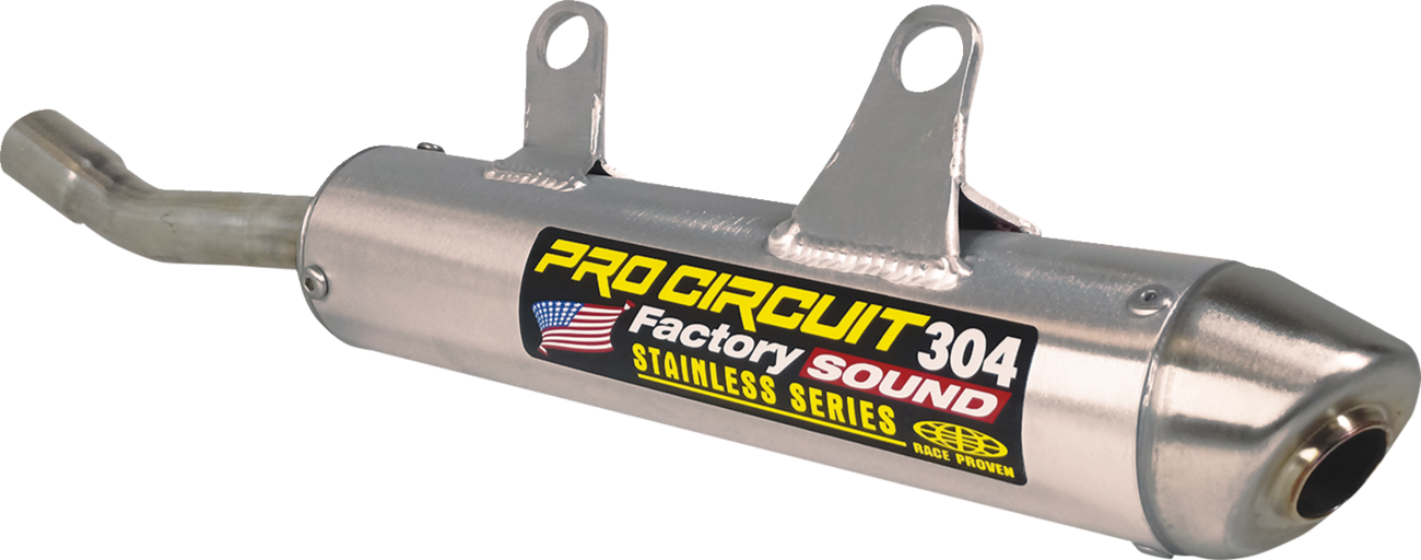 Brushed aluminum PRO CIRCUIT 304 motorcycle exhaust silencer with sleek cylindrical design and mounting details.