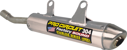 Brushed aluminum PRO CIRCUIT 304 motorcycle exhaust silencer with sleek cylindrical design and mounting details.