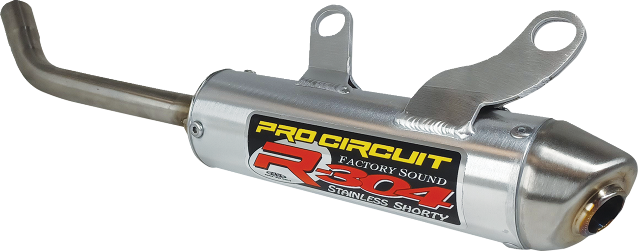 PRO CIRCUIT R-304 silencer part for enhanced exhaust performance, showing the black metal muffler with mounting hardware.