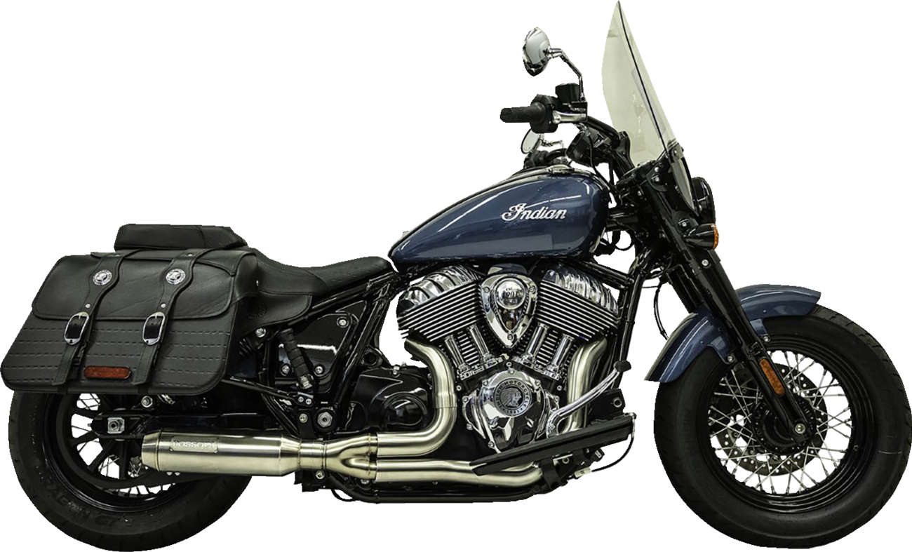 Stainless steel Bassani Xhaust 2-into-1 exhaust system for Harley Davidson motorcycles, shown on a bike.
