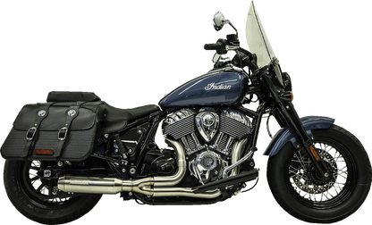 Stainless steel Bassani Xhaust 2-into-1 exhaust system for Harley Davidson motorcycles, shown on a bike.