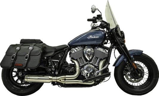 Stainless steel Bassani Xhaust 2-into-1 exhaust system for Harley Davidson motorcycles, shown on a bike.