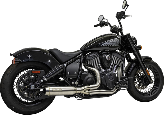 Stainless steel Bassani Xhaust 2-into-1 exhaust system for Harley Davidson motorcycles, featuring polished finish and dual outlet design.