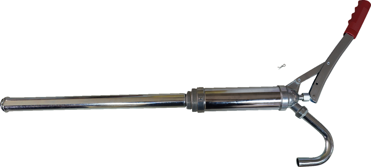 DRAG SPECIALTIES oil pump for 15-55 gallon drums, showing metal pump with handle and nozzle for industrial oil dispensing.
