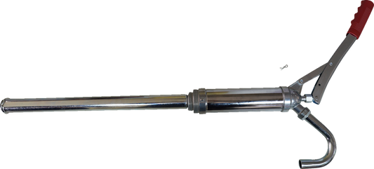 DRAG SPECIALTIES oil pump for 15-55 gallon drums, showing metal pump with handle and nozzle for industrial oil dispensing.