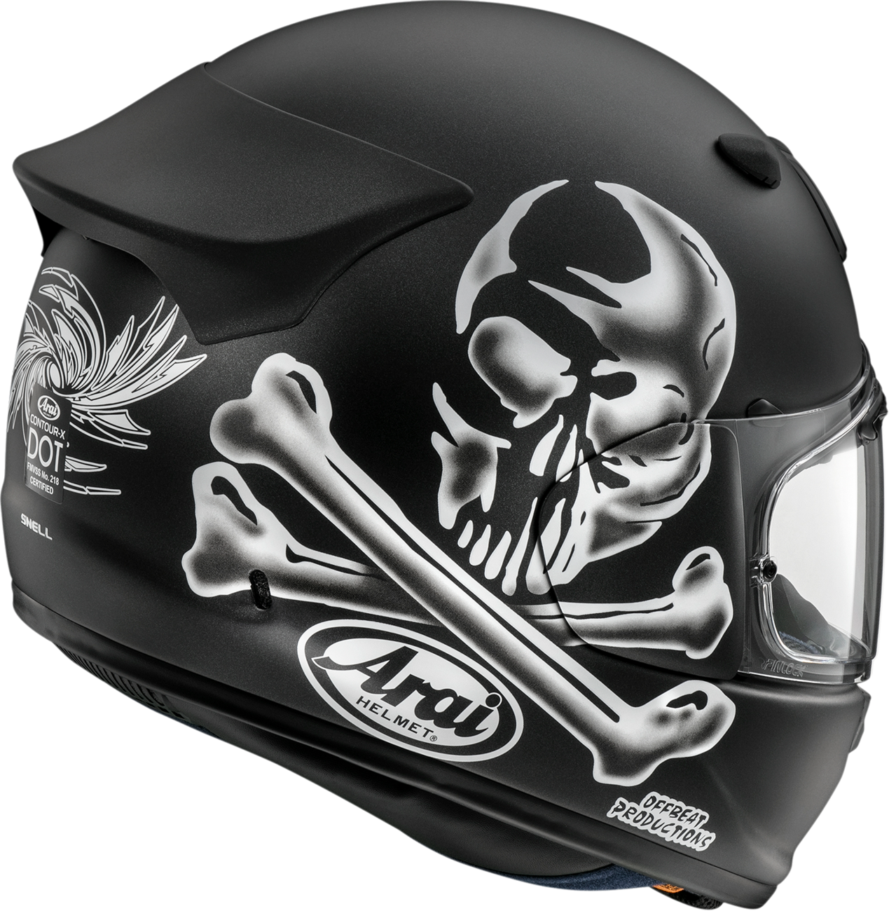 Arai Helmets Contour-X Jolly Roger motorcycle helmet with integrated ventilation and aerodynamic spoiler, shown in side view.