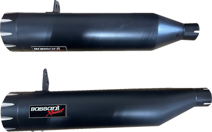 Black Bassani Xhaust 4-inch slip-on mufflers with aggressive design, enhancing sound and performance for vehicles.