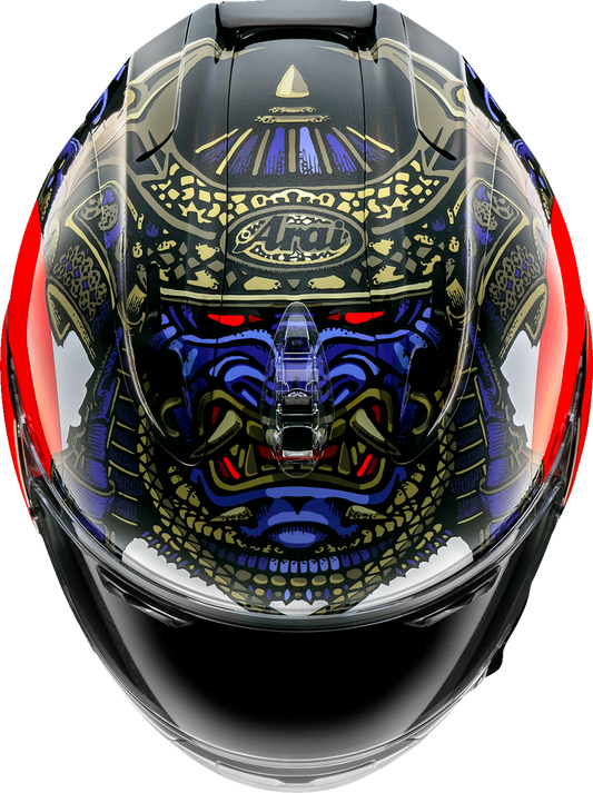 Arai Corsair-X Shogun motorcycle helmet with advanced ventilation and safety features, shown in XS size with sleek design.
