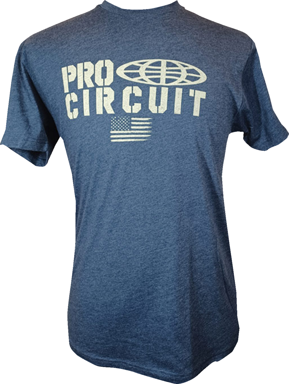 Heather navy PRO CIRCUIT logo flag T-shirt in 2XL, featuring the brand's logo design on the front.